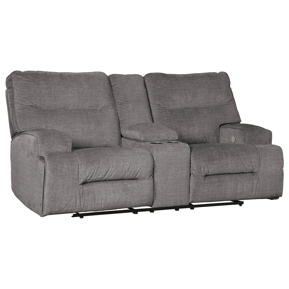 Benchcraft Coombs Double Power Reclining Loveseat with Console in Charcoal, , large
