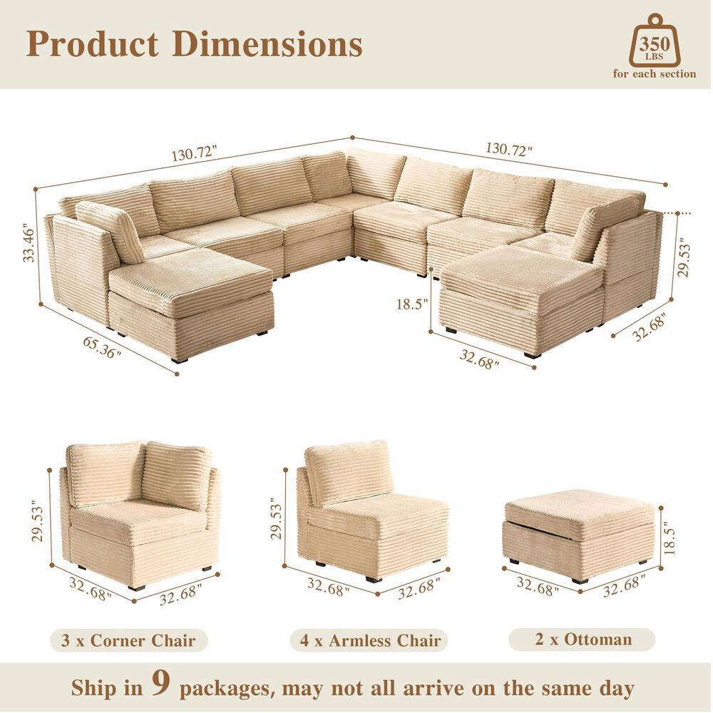 HOMLUX 9-Piece Mod L-Sectional with Chaise in Beige, , large