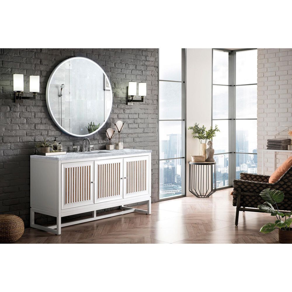 James Martin Vanities Athens 60&quot; Single Bathroom Vanity in Glossy White with 3 cm Carrara White Marble Top and Rectangular Sink, , large