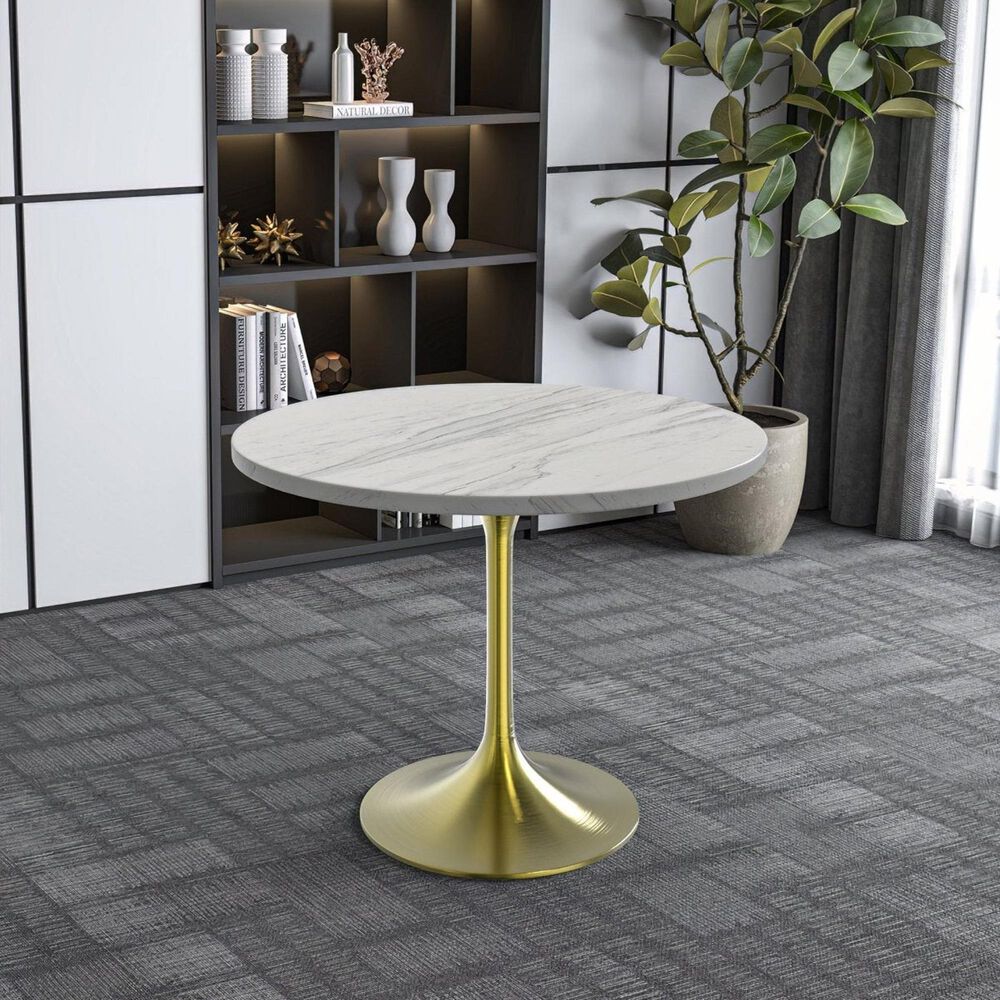 Leisuremod LeisureMod Verve Collection 36 Round Dining Table, Brushed Gold Base with Laminated White Marbleized Top, , large