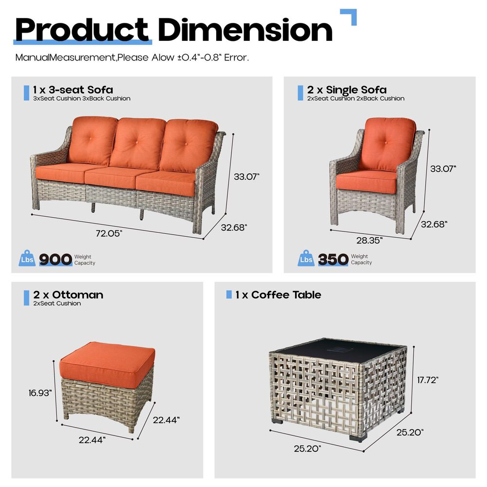 HOMLUX 6-Piece Patio Conversation Set with Coffee Table in Orange Red, , large