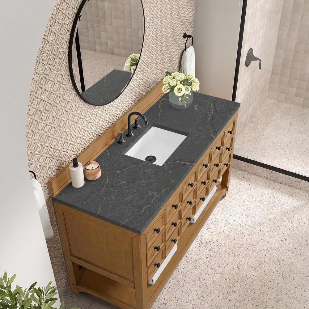 James Martin Malibu 60&quot; Single Bathroom Vanity in Amber Birch with 3 cm Parisien Bleu Quartz Top and Rectangular Sink, , large