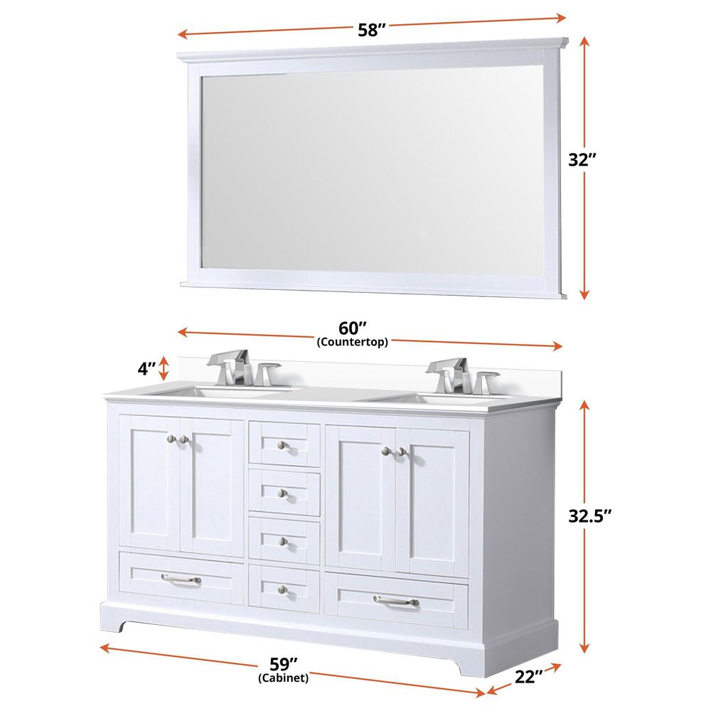 Lexora Home Dukes 60&quot; Double Bathroom Vanity in White with 2 cm White Cultured Marble Top and Rectangular Sinks, , large