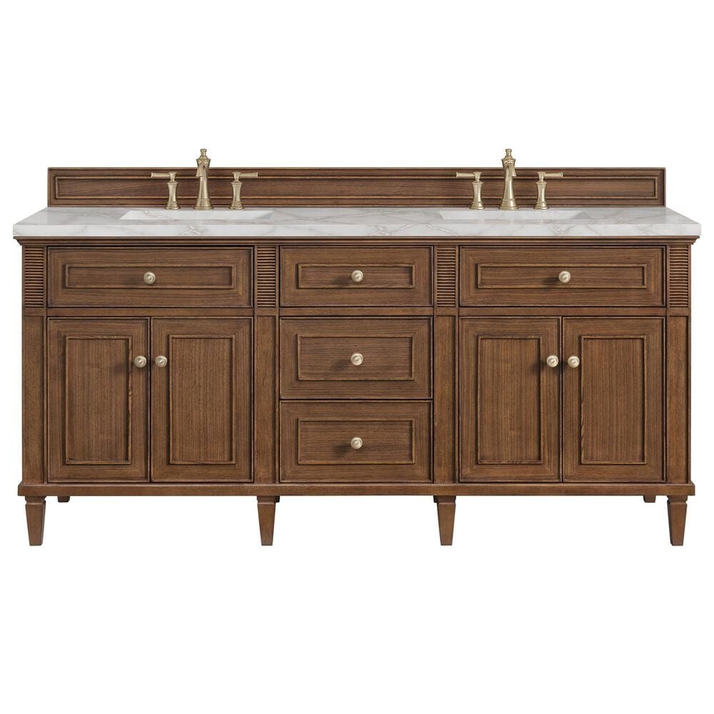 James Martin Vanities Lorelai 72" Double Bathroom Vanity in Mid-Century Walnut with 3 cm Eternal Jasmine Pearl Silestone Top, Rectangular Sinks and FreePower Wireless Charger, , large