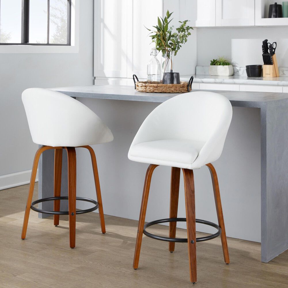 LumiSource Matisse 26" Swivel Counter Stool with White Faux Leather Upholstery in Walnut and Black (Set of 2), , large