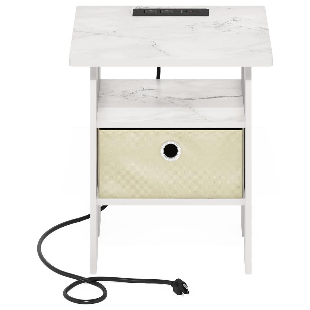 HOMLUX USB and Type-C Port Charging Station End Table with Ivory Storage Bin in Marble White, , large