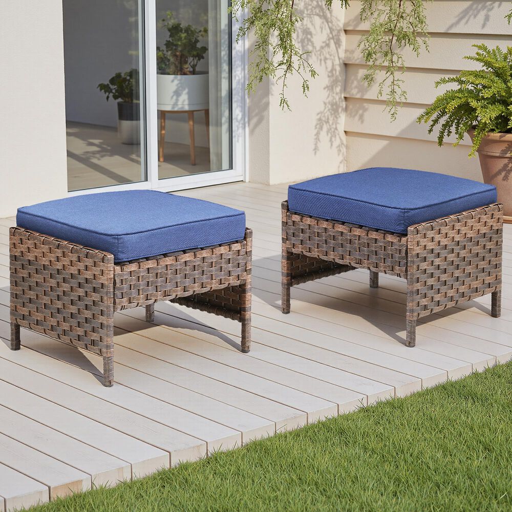 Hearth and Haven Patio Wicker Ottoman with Open Base Design in Blue (Set of 2), , large