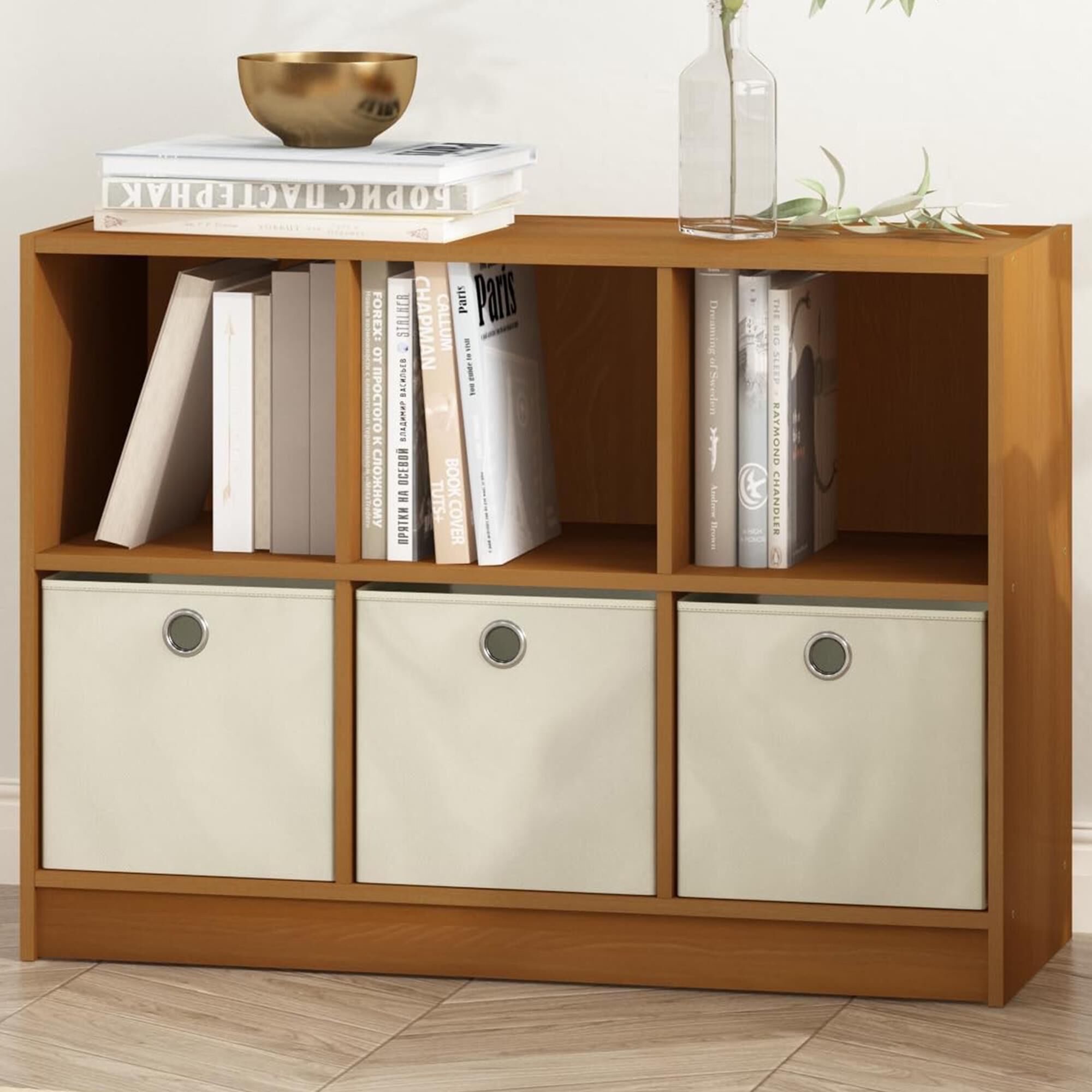 HOMLUX 6-Cube Bookshelf Bookcase with Storage Bins in Light Cherry