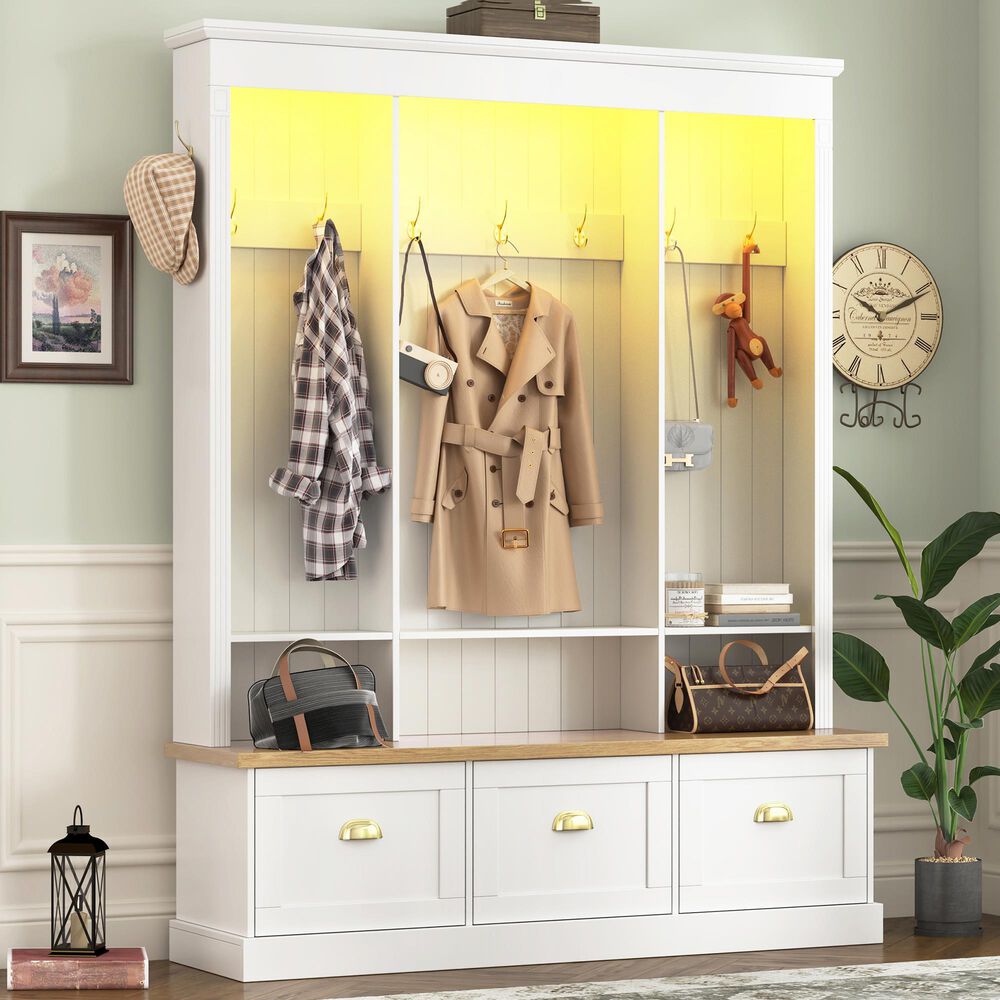 HOMLUX 9-Hook Hall Tree with 3-Cabinet in White and Natural, , large