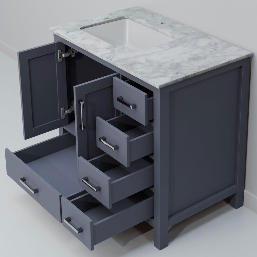 Lexora Home Jacques 36" Left Offset Single Bathroom Vanity in Dark Grey with 2 cm White Carrara Marble Top and Rectangular Sink, , large