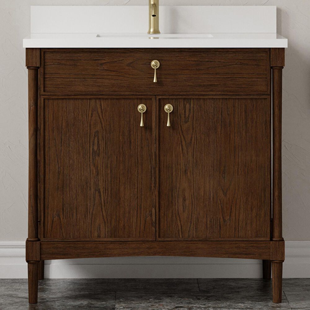 James Martin Kinnsden 36" Single Bathroom Vanity in Sable Oak with Single Hole 3 cm White Zeus Silestone Top and Rectangular Sink, , large
