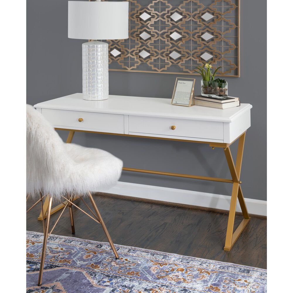 Linon Home Decor Campaign 2-Drawer Desk in White and Gold, , large