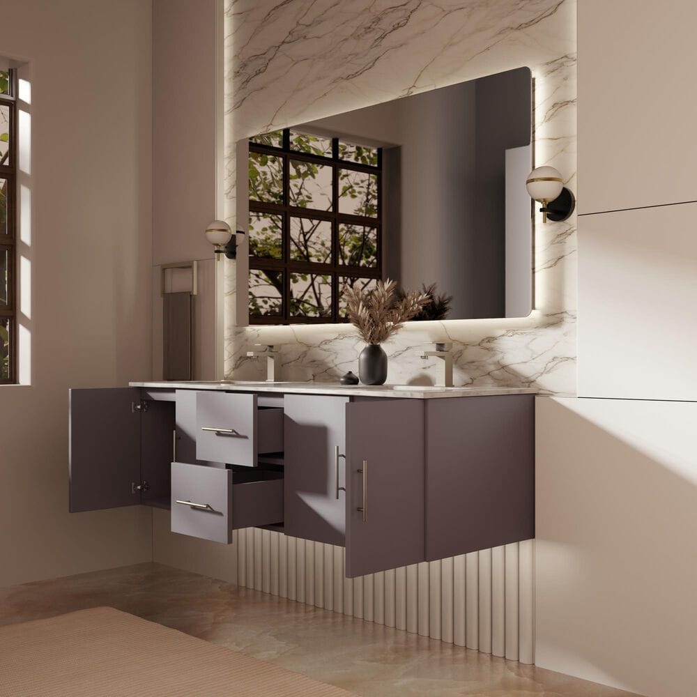 Lexora Home Geneva 60&quot; Double Bathroom Vanity in Dark Grey with 2 cm White Carrara Marble Top and Rectangular Sinks, , large