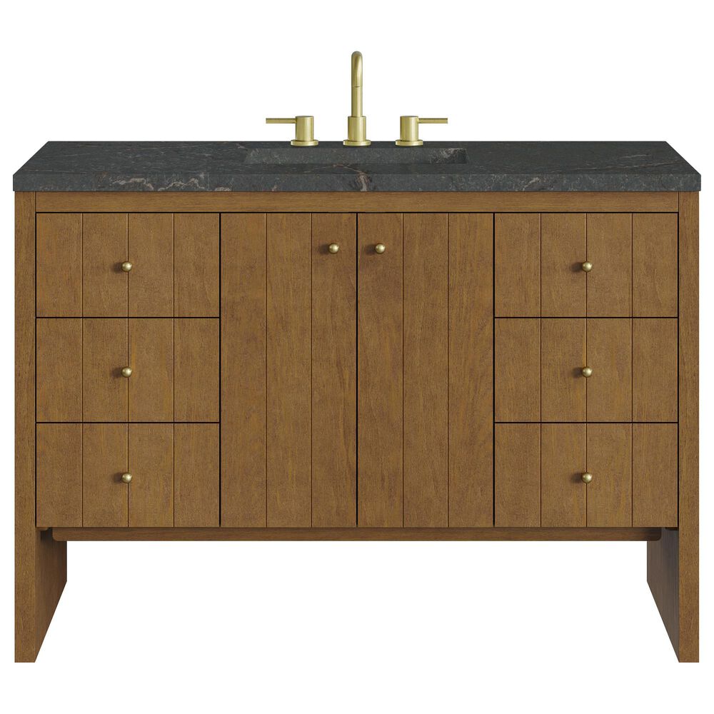 James Martin Hudson 48" Single Bathroom Vanity in Honey Oak with 3 cm Parisien Bleu Silestone Top, Rectangular Sink and FreePower Wireless Charger, , large