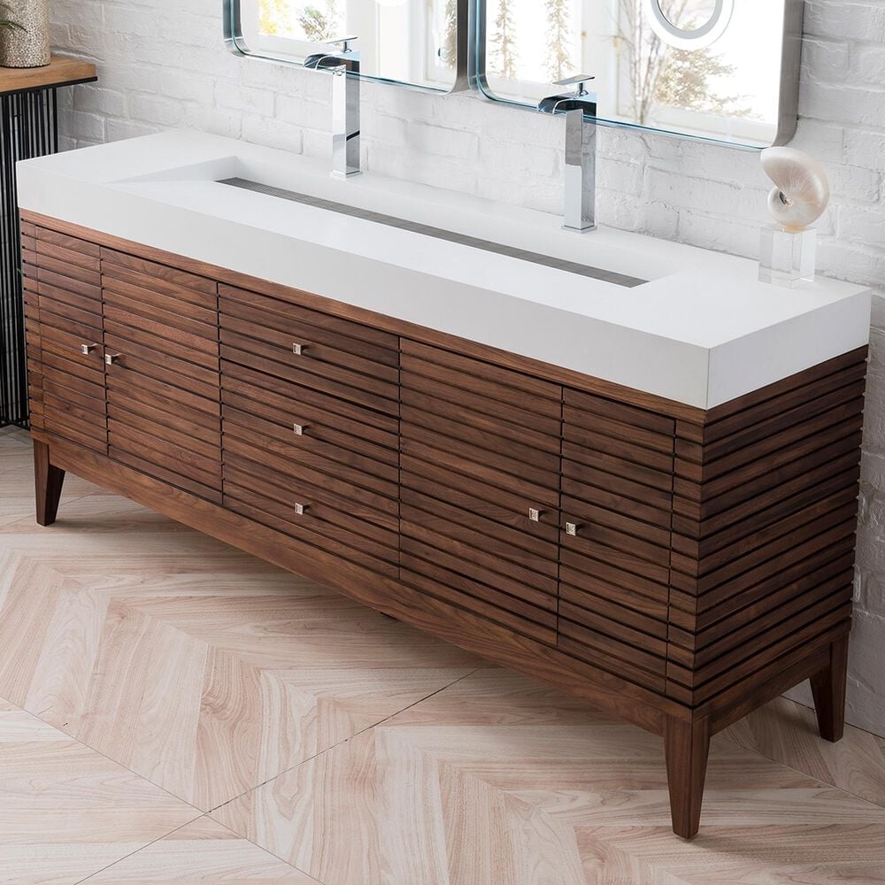 James Martin Vanities Linear 72&quot; Double Bathroom Vanity in Mid Century Walnut with 10 cm Glossy White Solid Surface Top and Rectangular Sinks, , large