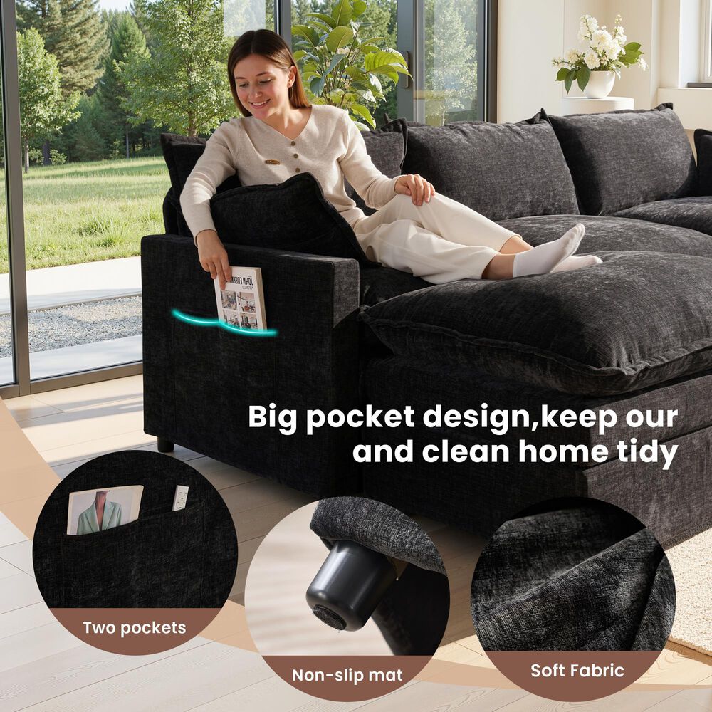 HOMLUX 107.87" Ultra-Comfort Chenille Sectional Sofa Set in Balck, , large