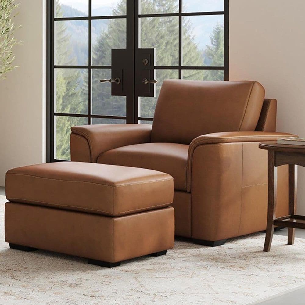 Flexsteel Henry Stationary Leather Chair and Ottoman Set in Caramel, , large