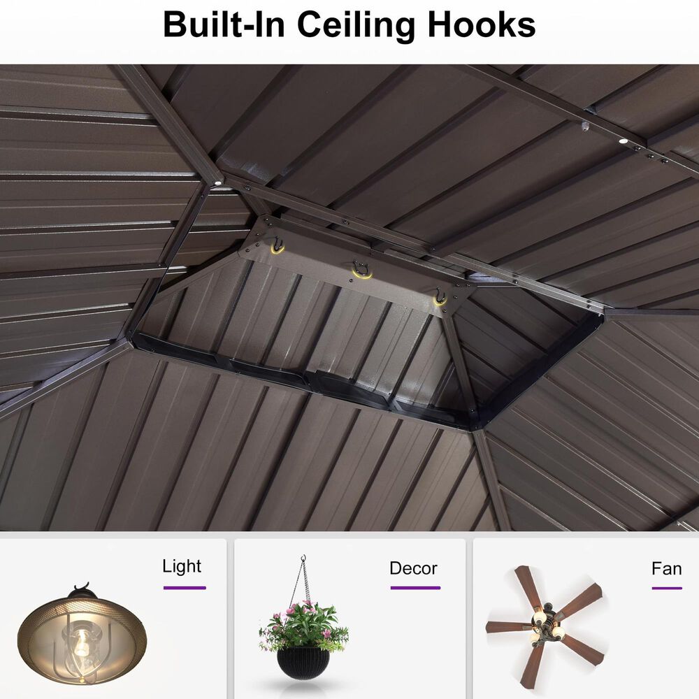 HOMLUX 12' x 16' Outdoor Hardtop Gazebo with Galvanized Steel Roof, Aluminum Frame, Curtains &amp; Netting in Brown, , large