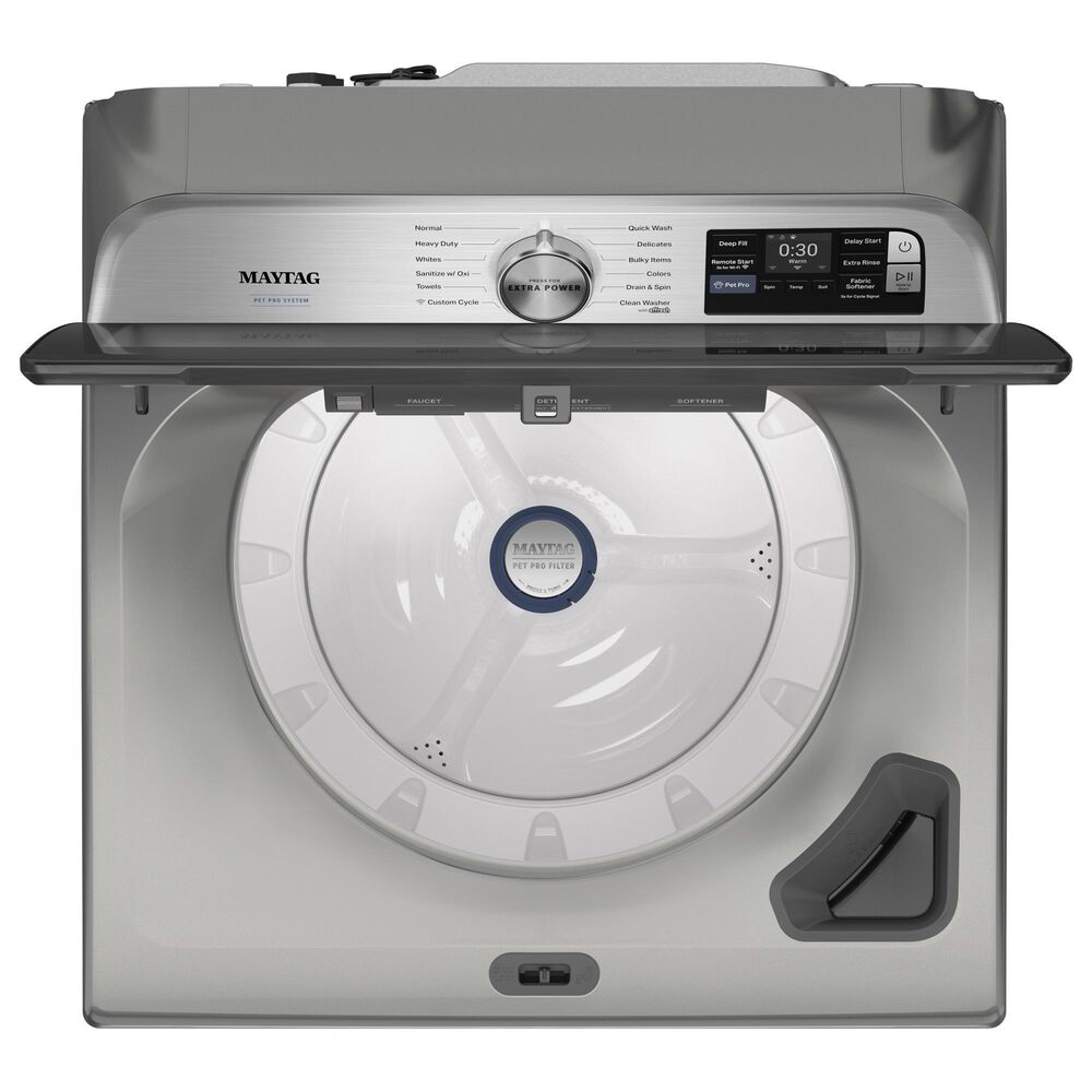 Maytag 5.2 Cu. Ft. Smart Pet Pro Top Load Agitator Washer and 7.4 Cu. Ft. Smart Gas Top Load Dryer Laundry Pair in Classic Silver, , large
