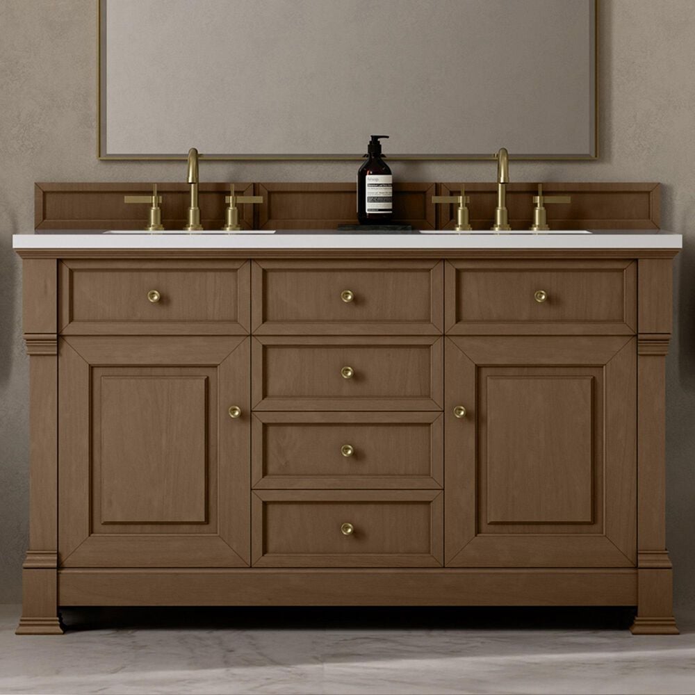 James Martin Vanities Brookfield 60&quot; Double Bathroom Vanity in Pecan with 3 cm White Zeus Quartz Top and Rectangular Sinks, , large