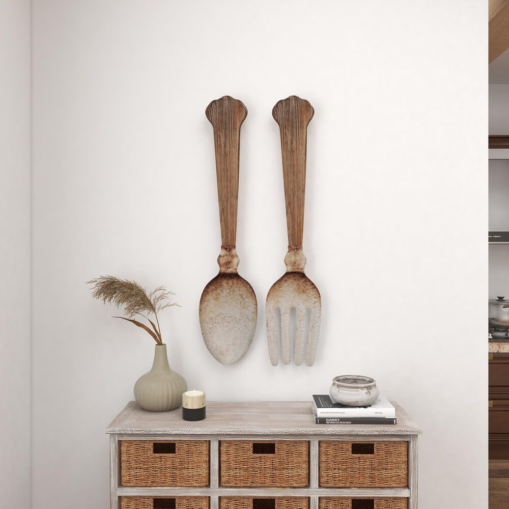Maple and Jade 38&quot; x 8&quot; Farmhouse Kitchen Utensils Wall Decor in Brown and Silver &#40;Set of 2&#41;, , large