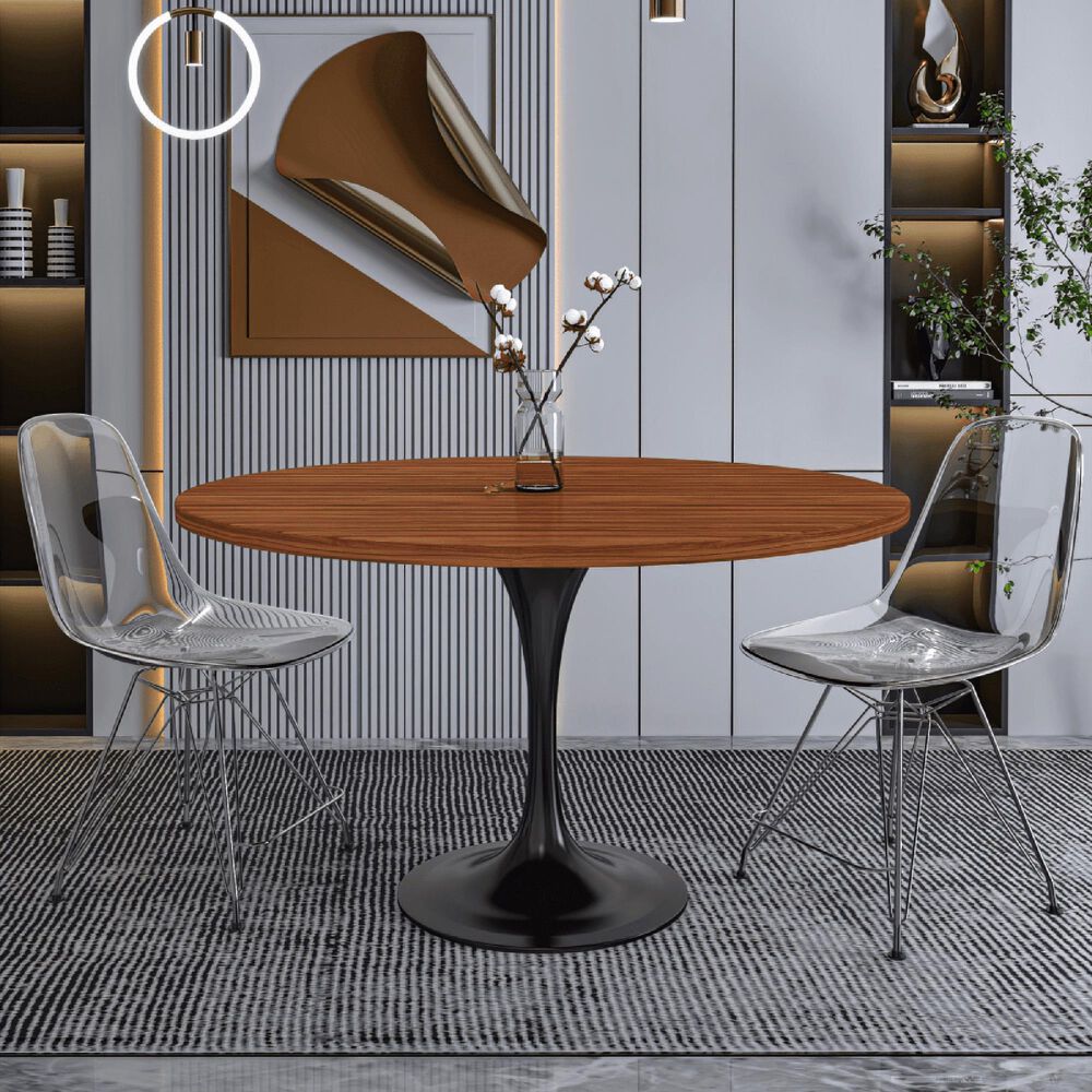 Leisuremod LeisureMod Verve Collection 48 Round Dining Table, Black Base with Cognac Brown MDF Top, , large
