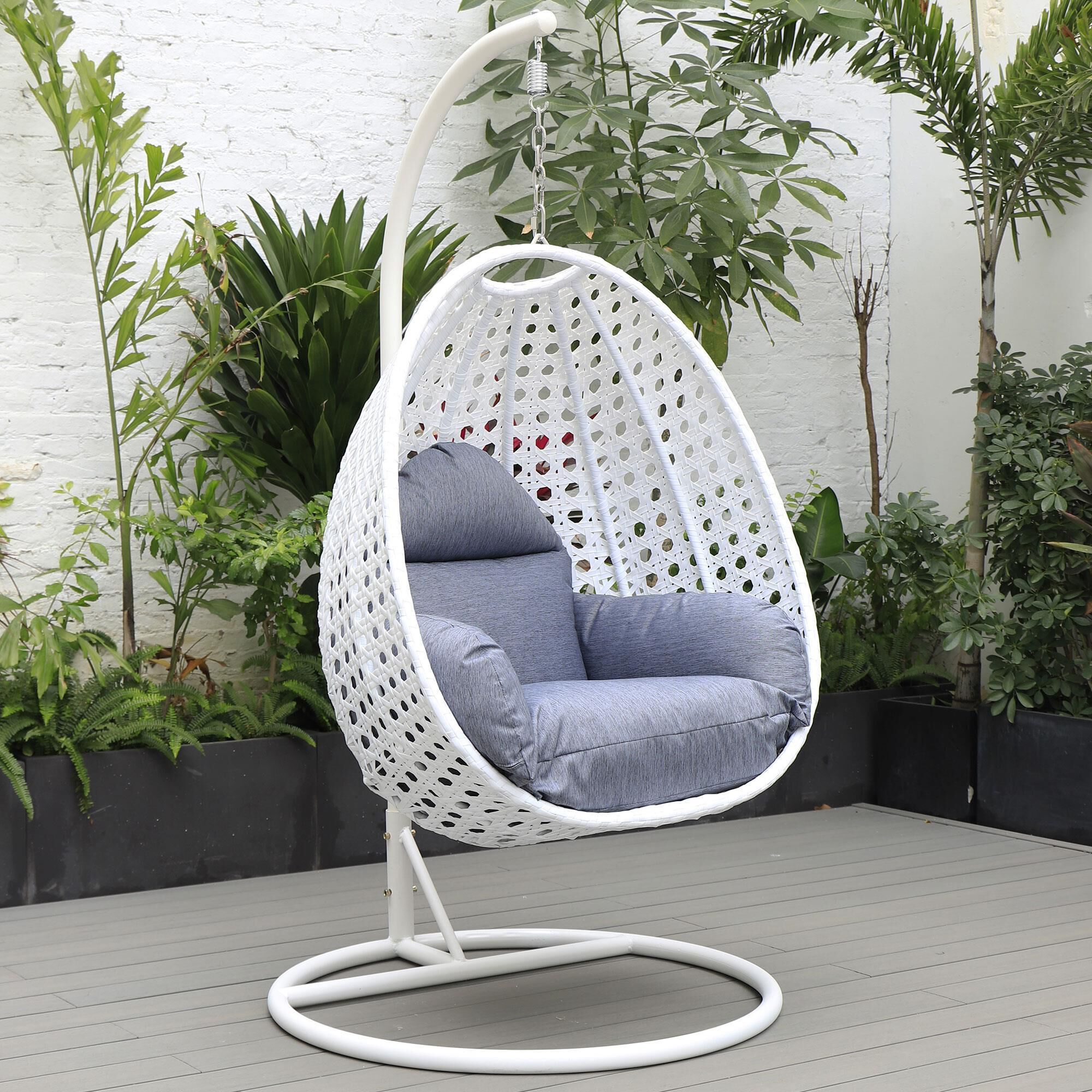 Leisuremod Patio Hanging Egg Swing Chair with Charcoal Blue