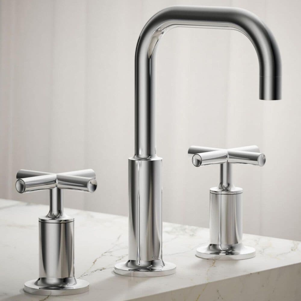 Kohler Purist Widespread Bathroom Sink Faucet with Cross Handles and High Gooseneck Spout in Polished Chrome, , large