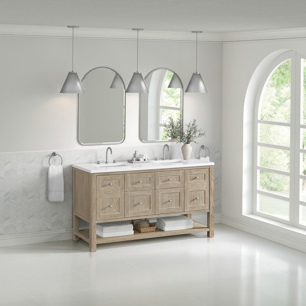 James Martin Vanities Breckenridge 60" Double Bathroom Vanity in Whitewashed Oak with 3 cm White Zeus Quartz Top and Rectangular Sinks, , large
