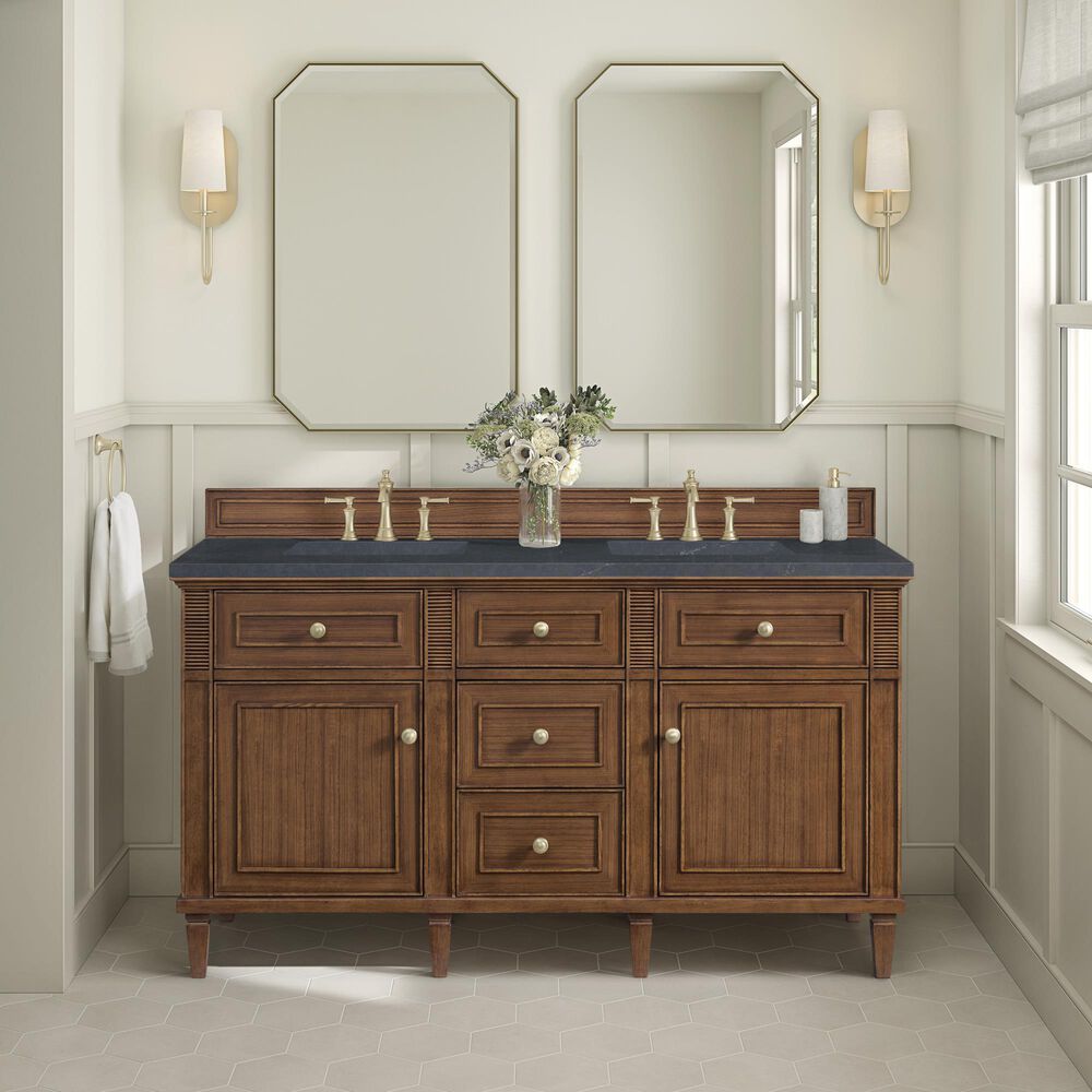 James Martin Vanities Lorelai 60&quot; Double Vanity in Mid-Century Walnut with 3 cm Charcoal Soapstone Quartz Top, , large
