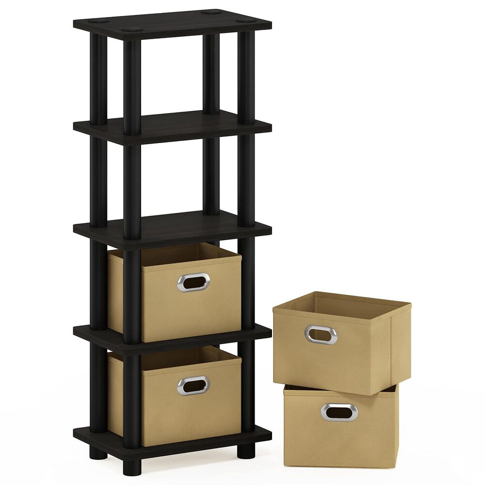 HOMLUX 5-Tier Tall Corner Open Bookshelf with 4 Storage Bins in Espresso and Black, , large