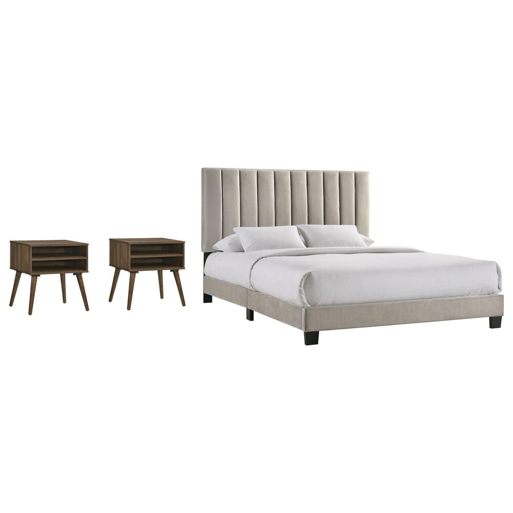 Mayberry Hill Coyote King Upholstered Platform Bed and Two Nightstands Set in Carroll Grey, , large