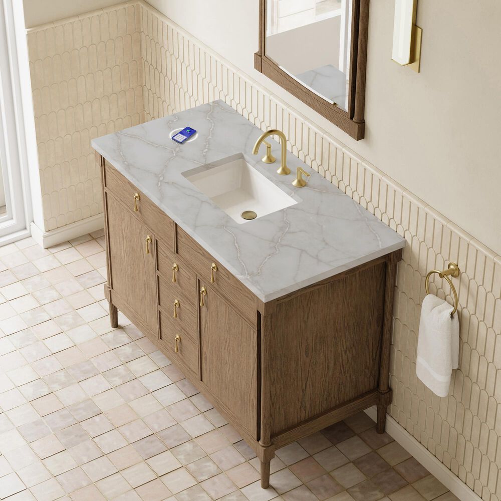 James Martin Kinnsden 48" Single Bathroom Vanity in Weathered Oak with 3 cm Victorian Silver Silestone Top, Rectangular Sink and FreePower Wireless Charger, , large