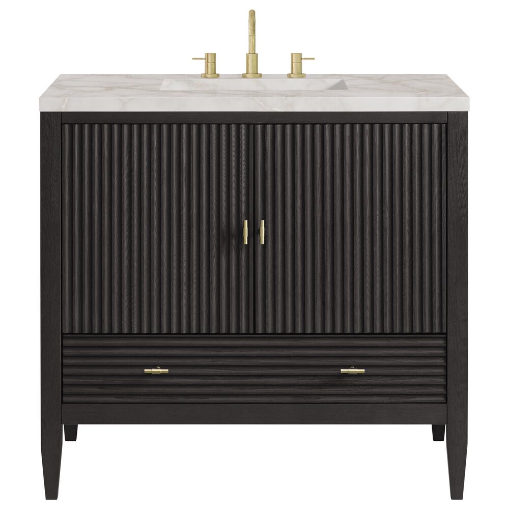 James Martin Vanities Myrrin 36&quot; Vanity in Carbon Oak with 3 cm Victorian Silver Quartz Top, , large