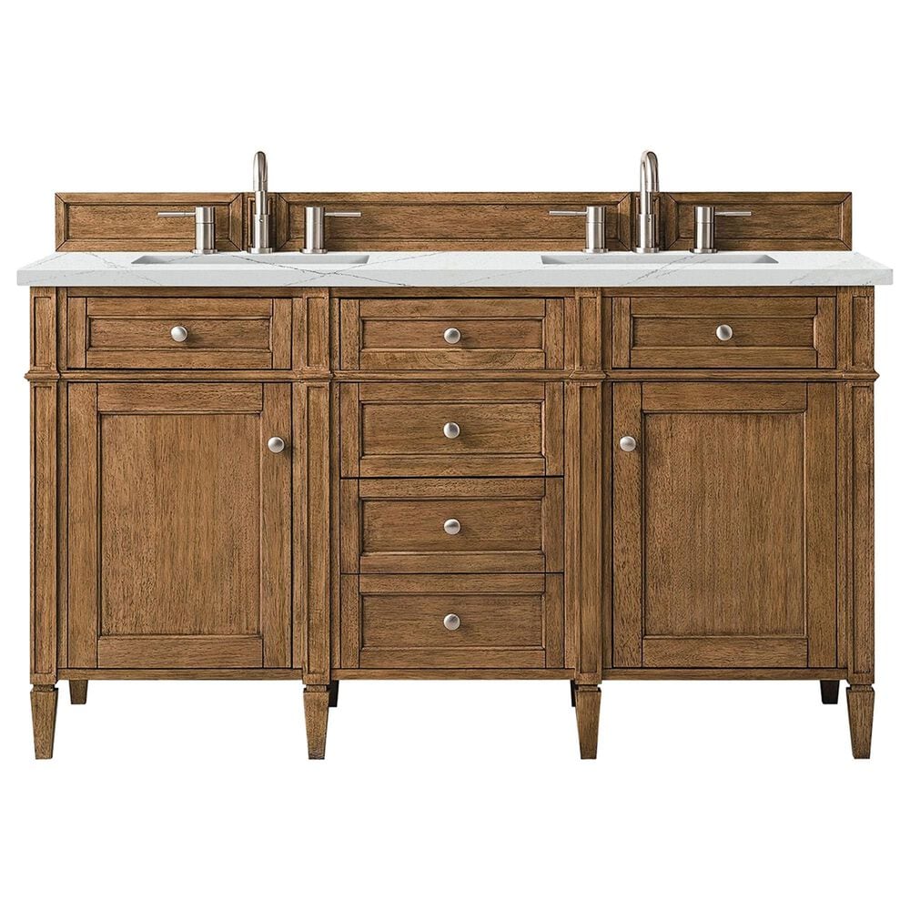 James Martin Vanities Brittany 60" Double Bathroom Vanity in Saddle Brown with 3 cm Ethereal Noctis Quartz Top and Rectangular Sinks, , large
