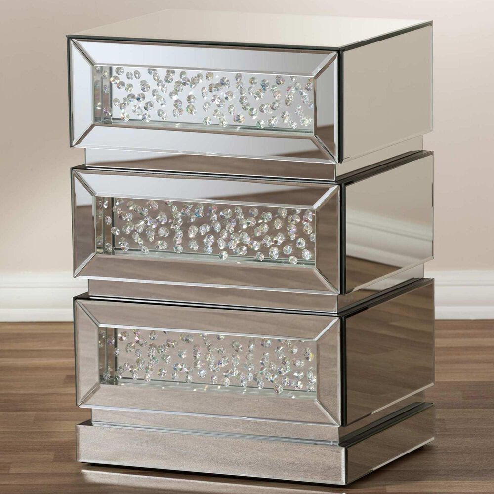 Baxton Studio Sabrina Mirrored 3-Drawer End Table in Silver, , large