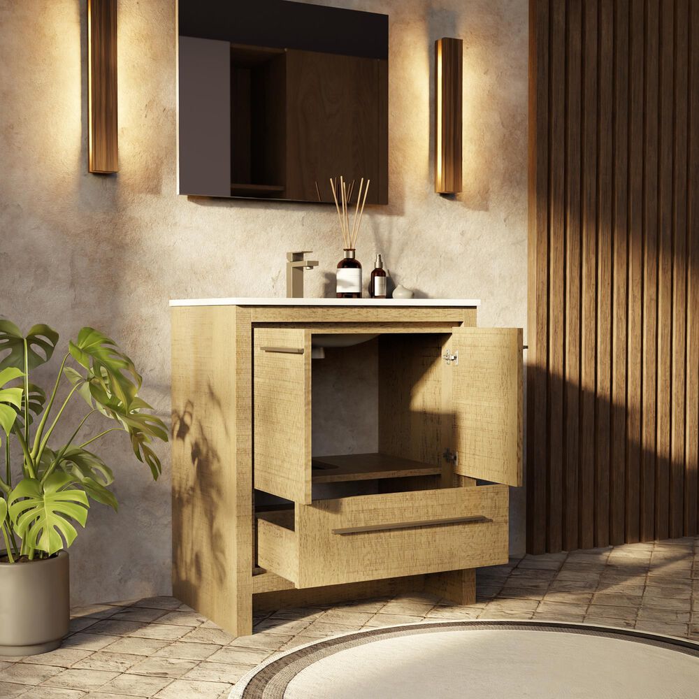 Lexora Home Lafarre 30&quot; Single Bathroom Vanity in Rustic Acacia with 2 cm White Cultured Marble Top and Rectangular Sink, , large