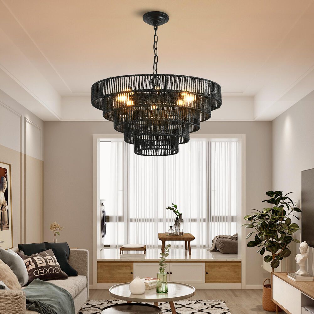 Hearth and Haven 8-Light 5-Layer Rattan Chandelier in Black, , large