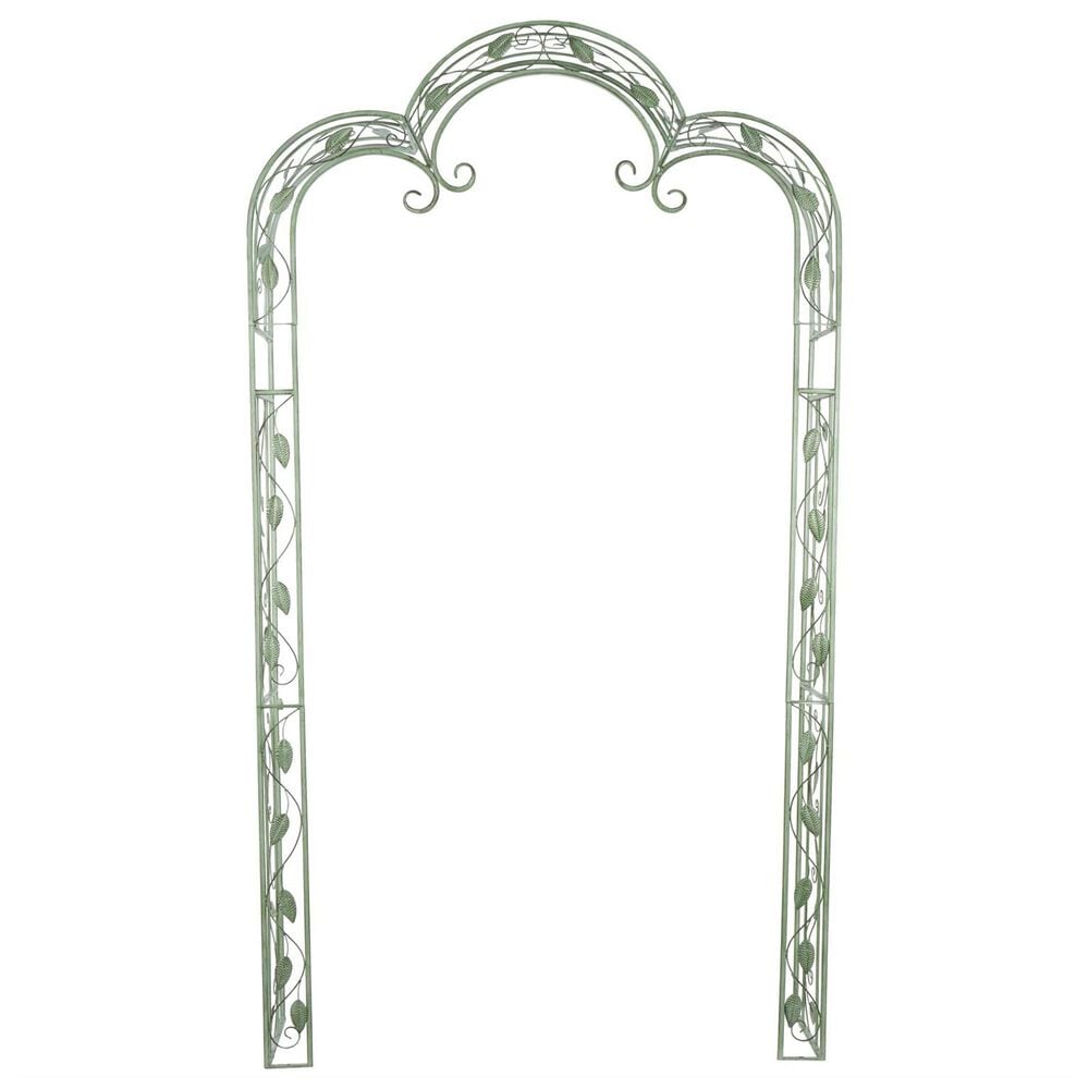 Maple and Jade Vine Arched Leaf Garden Arbor in Distressed Green, , large
