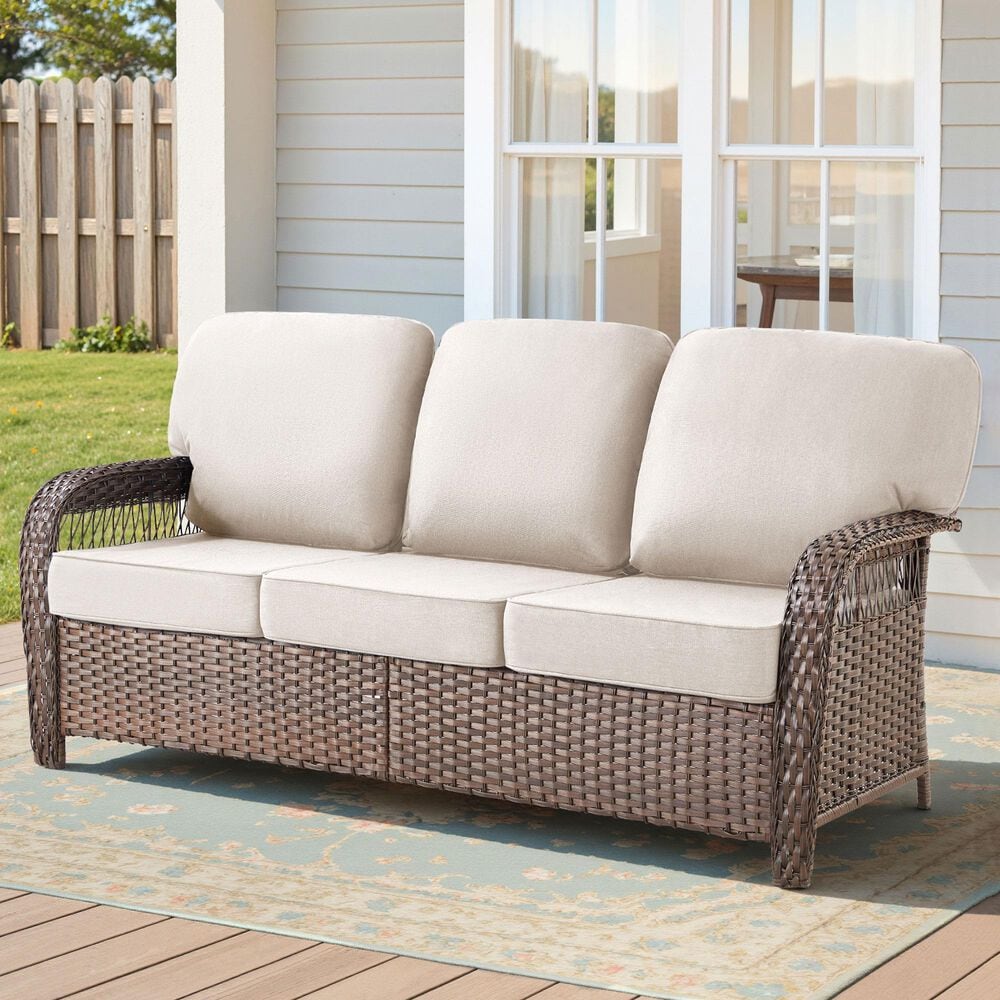 Hearth and Haven Outdoor Sofa with T-back Cushions and Brown Wicker in Beige, , large