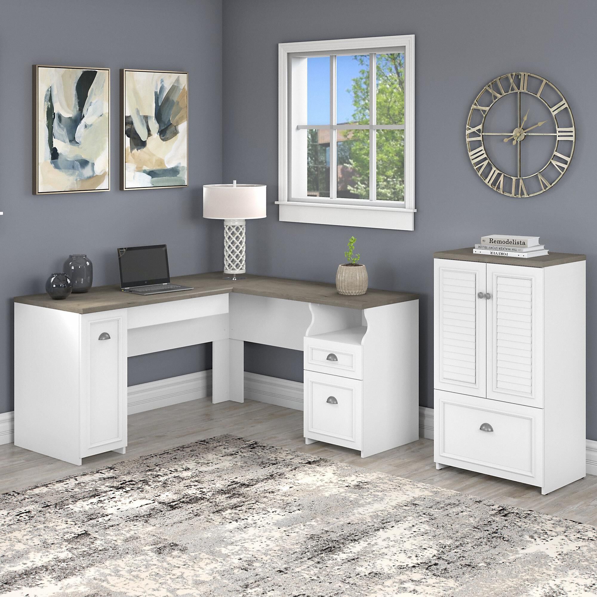 Bush Fairview 3 Piece Office Desk and File Cabinet Set in Shiplap Gray and Pure White NFM