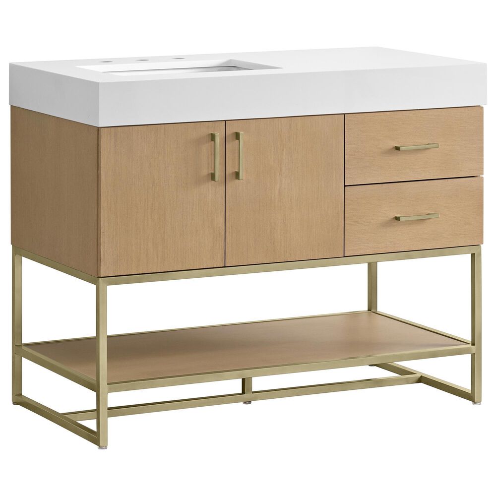 37B Mauri 42" Single Bathroom Vanity with Metal Base in Warm Oak with High-Profile 4" White Composite Stone Top, , large