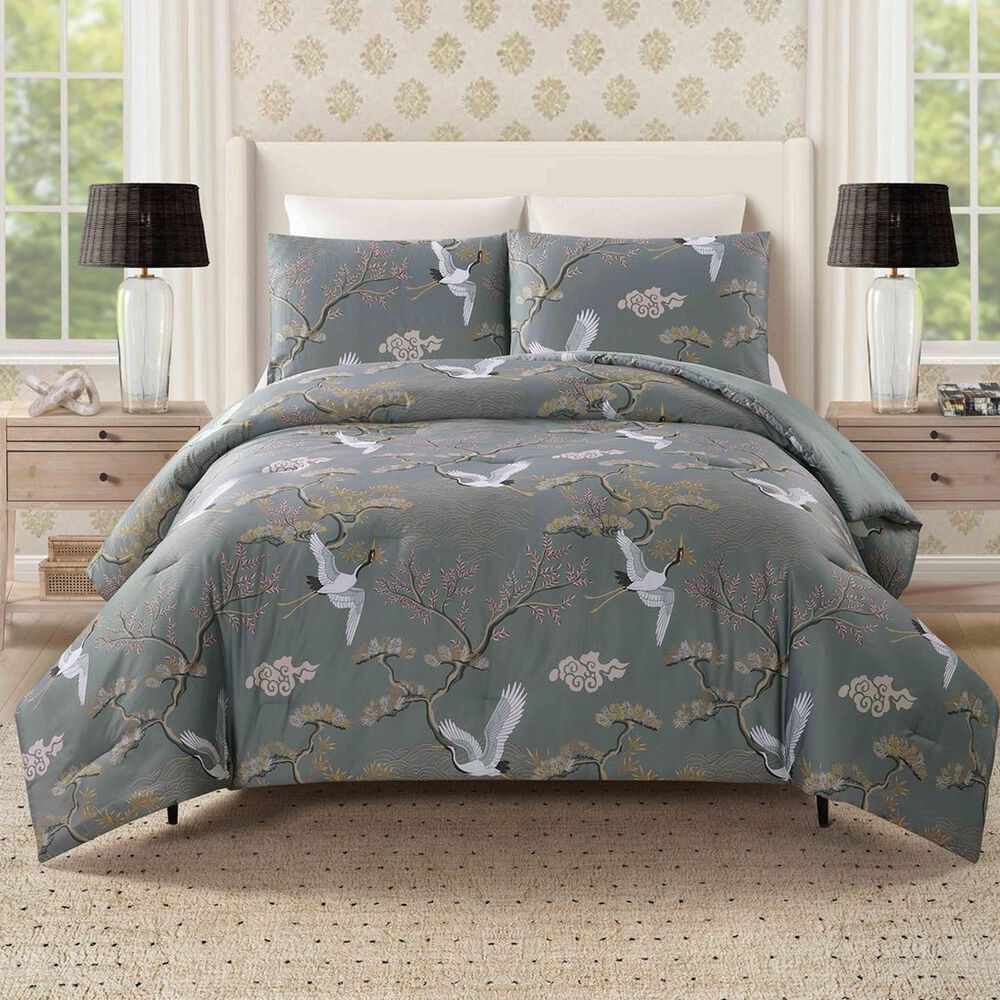 Peking Handicraft Cranes 3-Piece King Comforter Set in Gray, , large