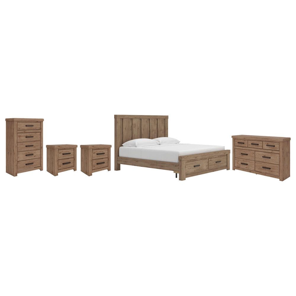 Ashley Oliandon King Storage Bed with Dresser Chest and 2 Nighstands in Brown, , large