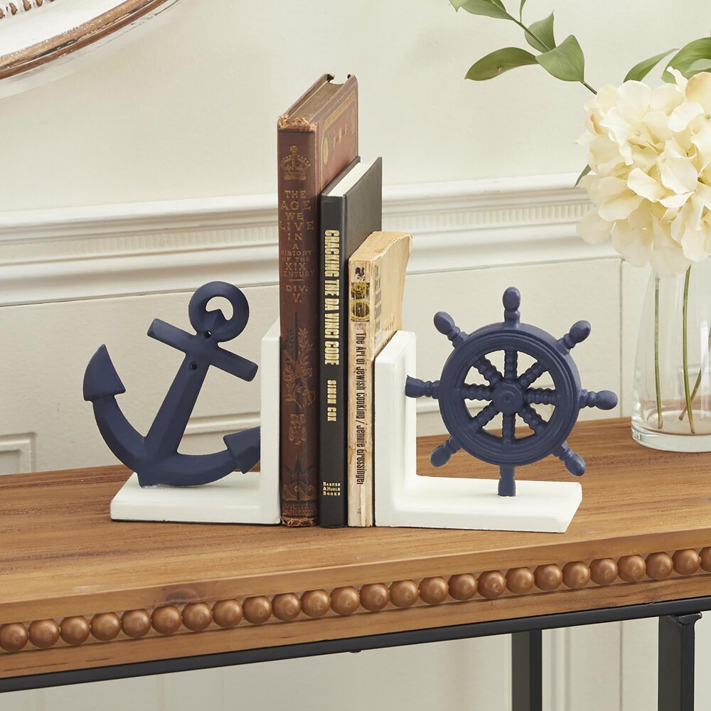 Maple and Jade Coastal Nautical Bookends in Blue and Distressed Ivory White &#40;Set of 2&#41;, , large