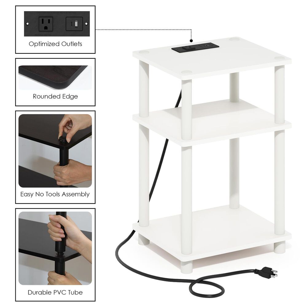 HOMLUX 3-Tier Turn-N-Tube End Table with Charging Station in White, , large