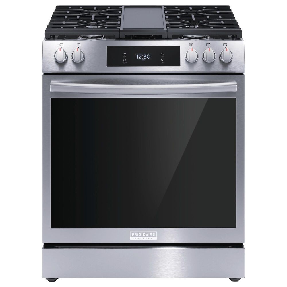 Frigidaire Gallery 3 Piece Kitchen Package with 27.8 Cu. Ft. French Door Refrigerator, 30&quot; Front Control Gas Range with Total Convection, and 24&quot; Built-In Bar Handle Dishwasher with CleanBoost in Stainless Steel, , large