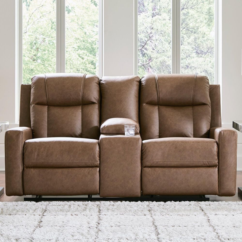 Ashley Mackmenville Manual Double Reclining Loveseat with Console in Caramel, , large