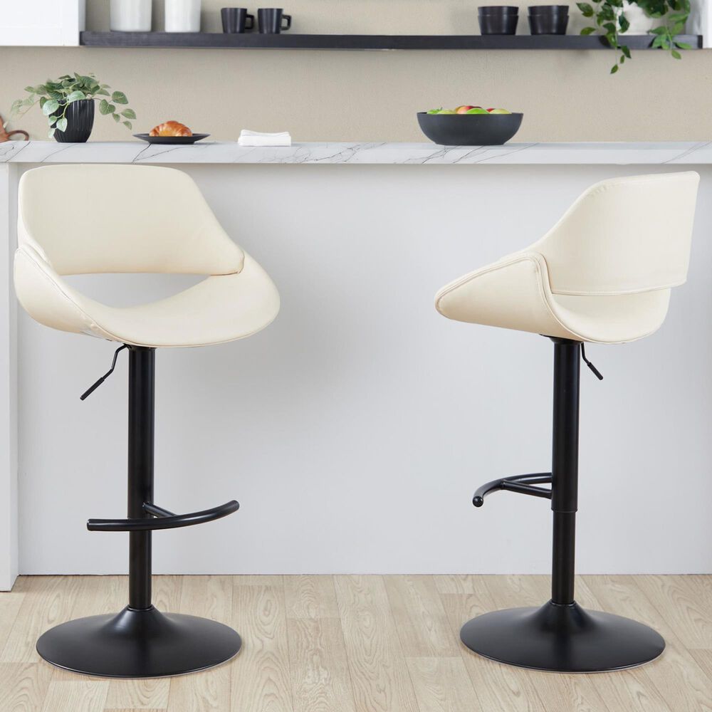 LumiSource Fabrico Swivel Adjustable Bar Stool with Cream Faux Leather Upholstery and Rounded T Footrest in Black (Set of 2), , large