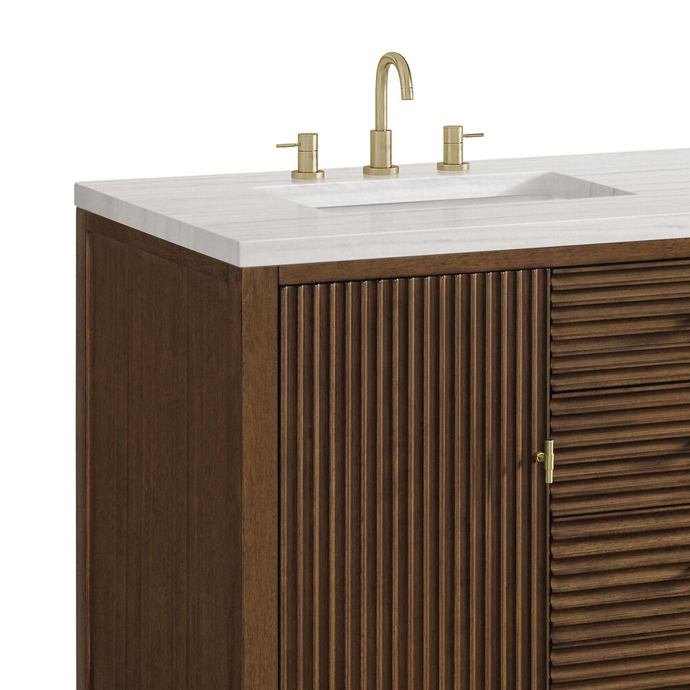 James Martin Vanities Myrrin 60&quot; Double Vanity in Mid Century Walnut with 3 cm Arctic Fall Solid Surface Top, , large